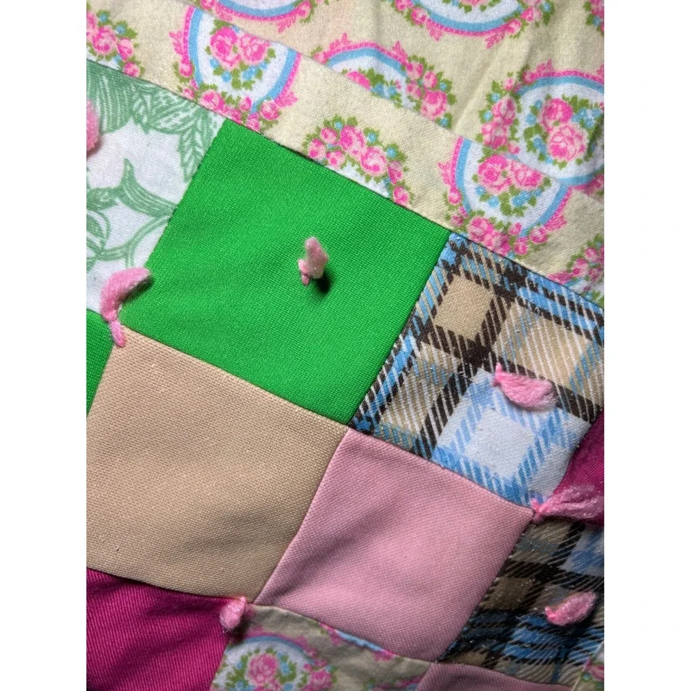 VTG 70s Handmade Patchwork Tie Quilt Floral Plaid Multi Color Cottagecore Throw